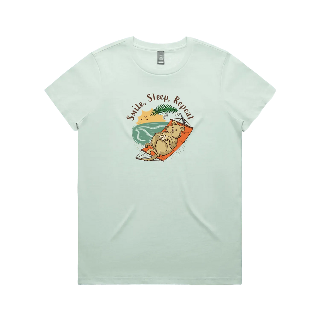 Hand-drawn quokka women’s seafoam t-shirt Smile, Sleep, Repeat Australian gift