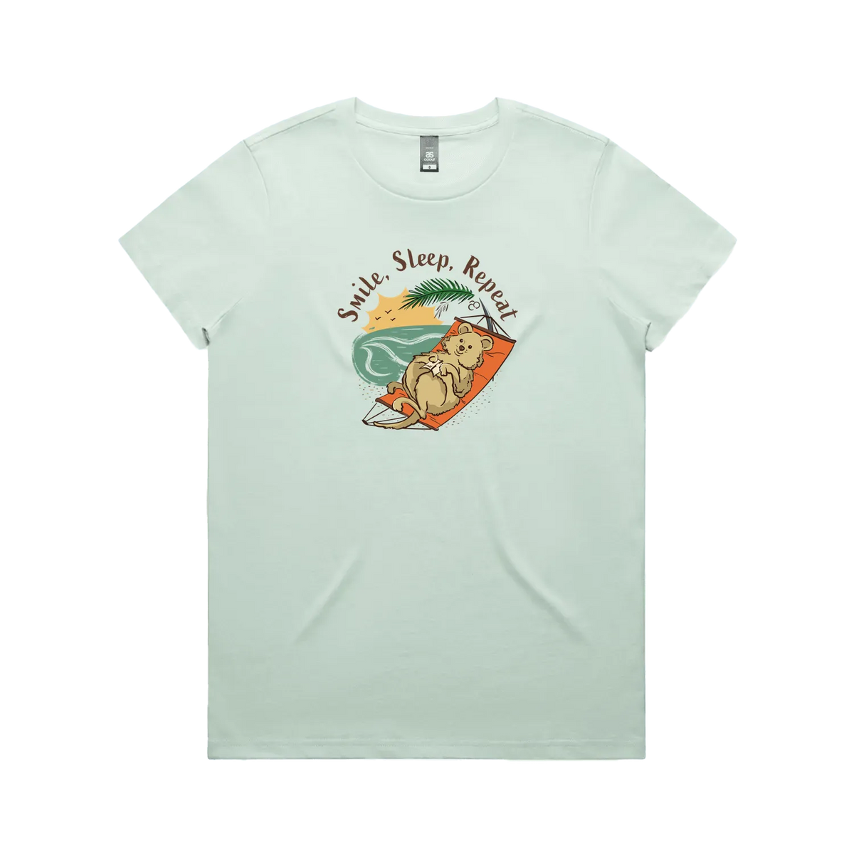 Hand-drawn quokka women’s seafoam t-shirt Smile, Sleep, Repeat Australian gift