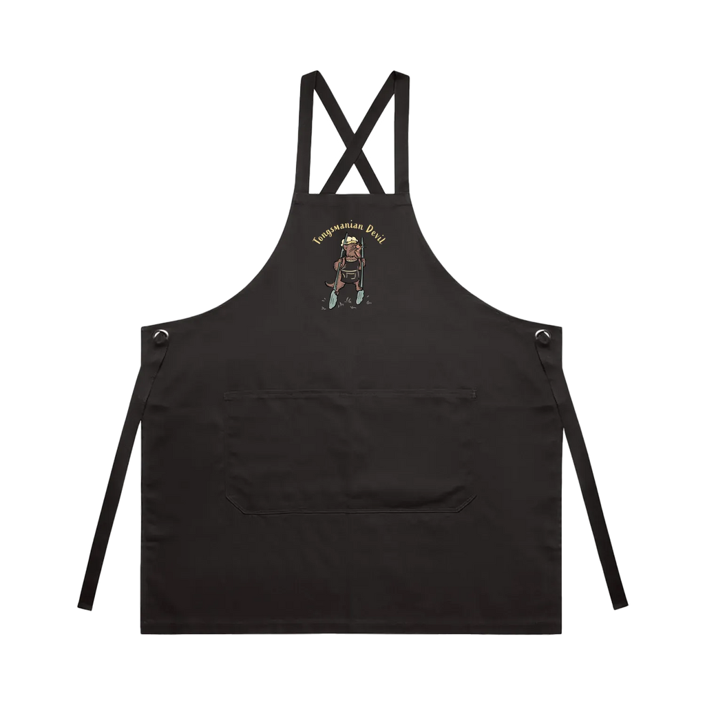 Tasmanian Devil BBQ cotton canvas apron featuring a hand-drawn Tassie devil holding cooking tongs with Tongsmanian Devil slogan