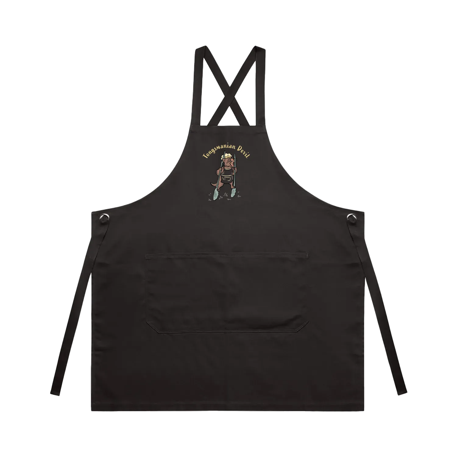Tasmanian Devil BBQ cotton canvas apron featuring a hand-drawn Tassie devil holding cooking tongs with Tongsmanian Devil slogan