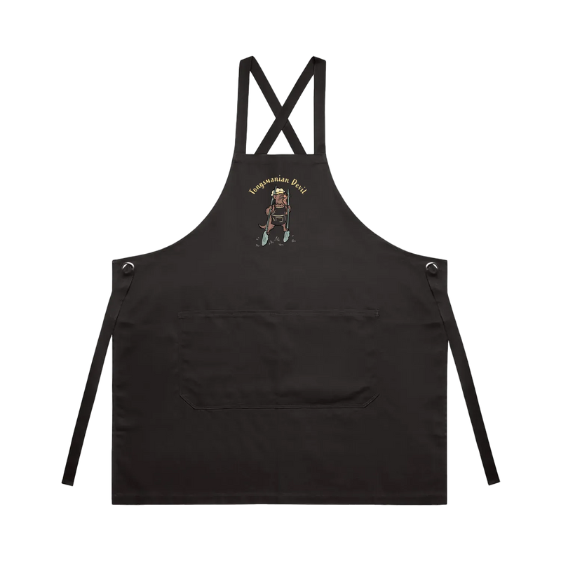 Tasmanian Devil BBQ cotton canvas apron featuring a hand-drawn Tassie devil holding cooking tongs with Tongsmanian Devil slogan