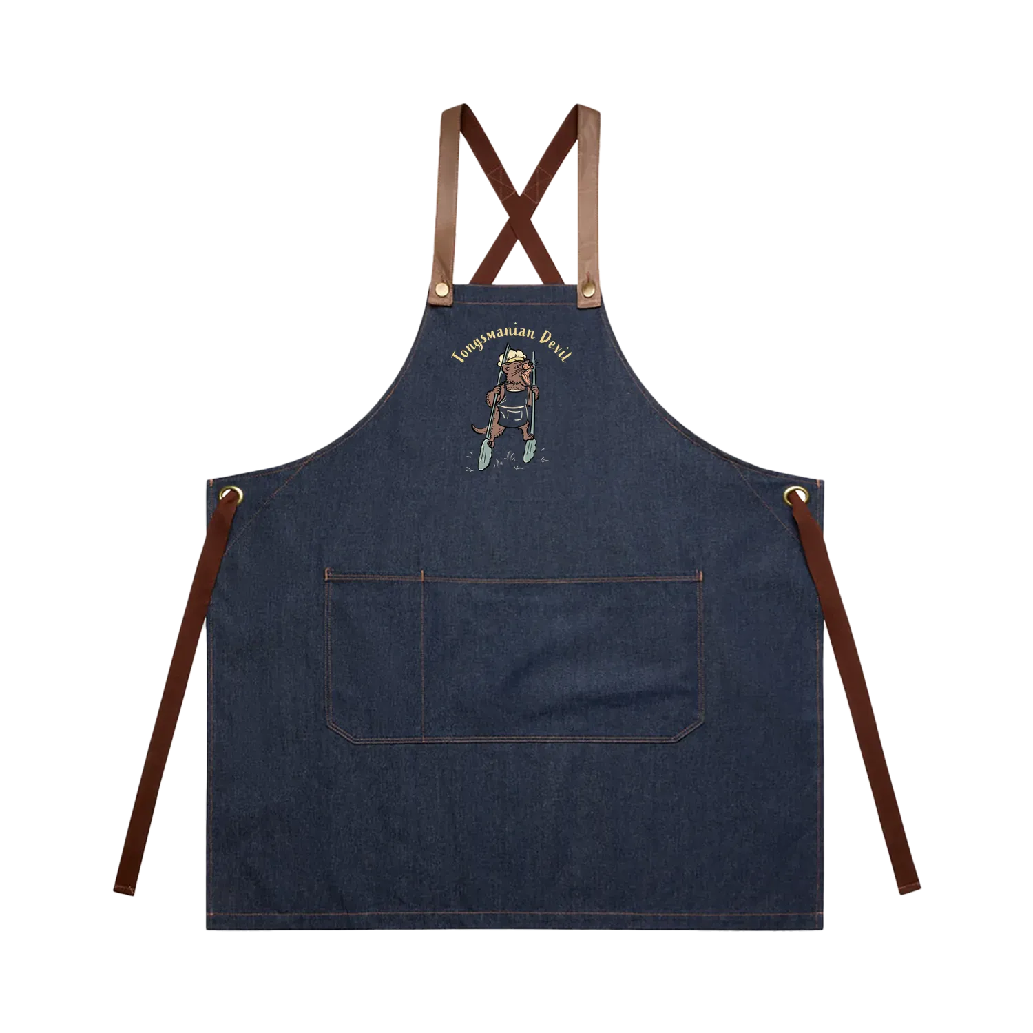Tasmanian Devil BBQ denim apron featuring a hand-drawn Tassie devil holding cooking tongs with Tongsmanian Devil slogan