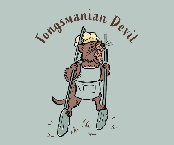 Hand-drawn Tasmanian devil holding barbecue tongs with the Tongsmanian Devil slogan on a men’s T-shirt and BBQ apron.