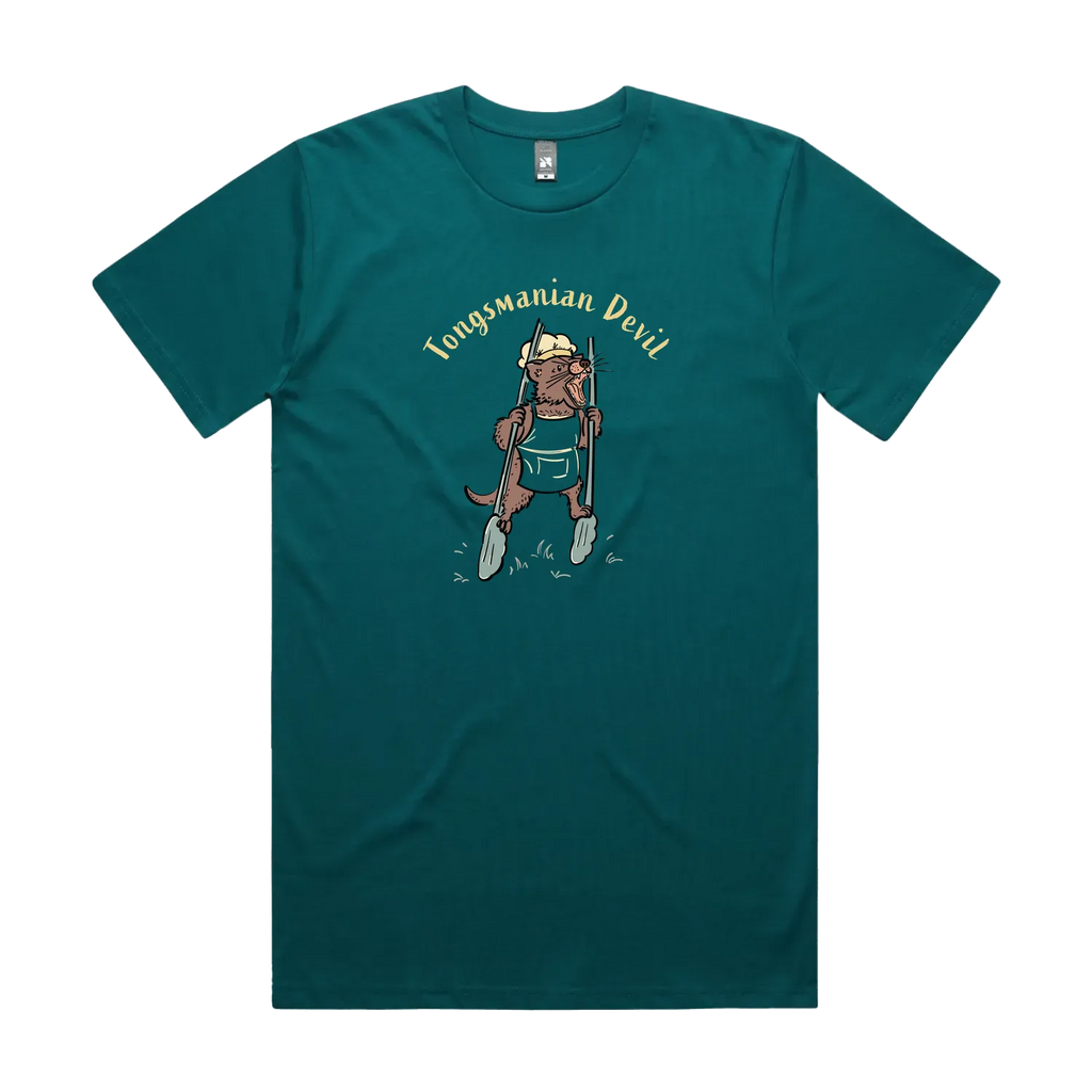 Funny Men's Tasmanian Devil t-shirt featuring a hand-drawn devil holding BBQ tongs with Tongsmanian Devil slogan, perfect gift and cute