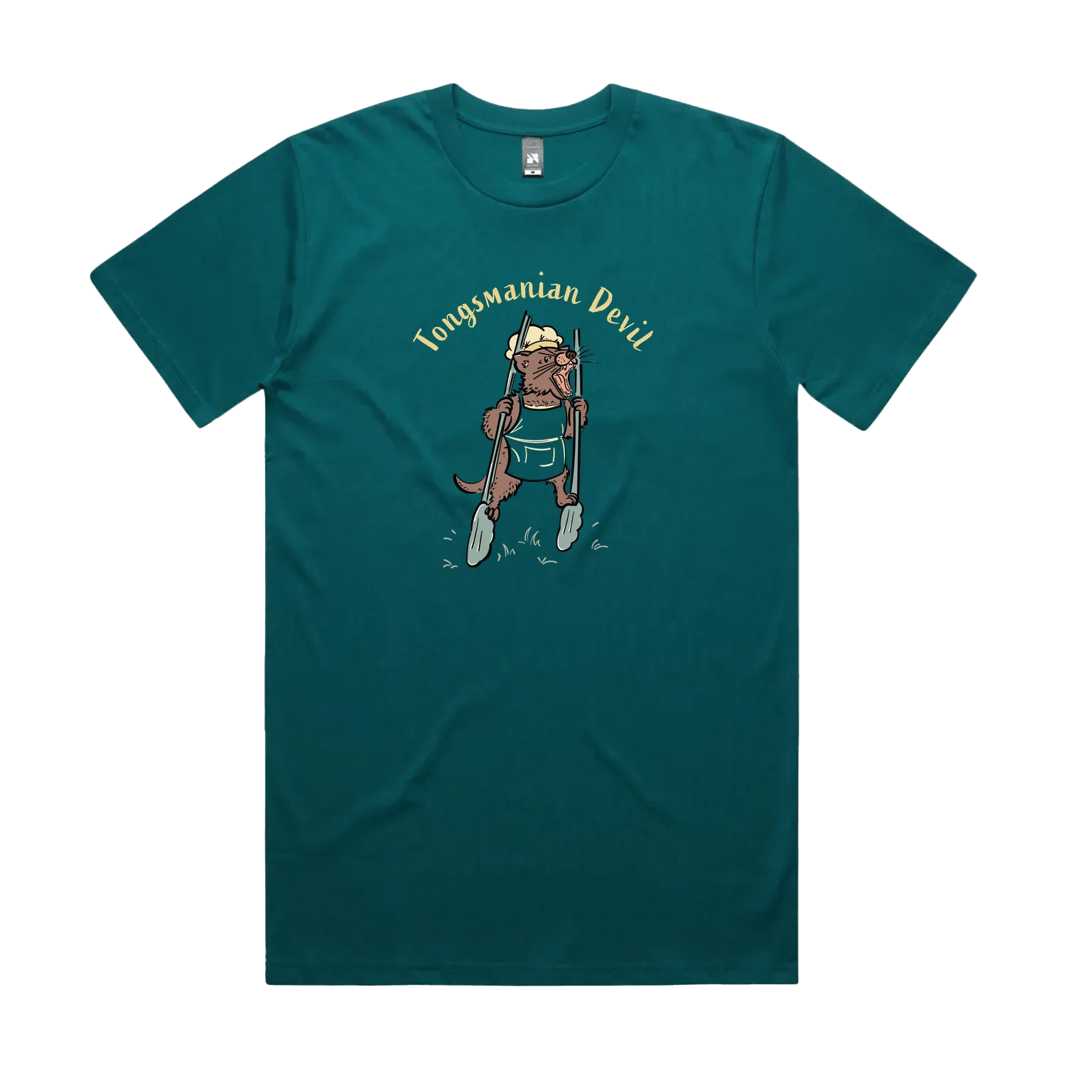 Funny Men's Tasmanian Devil t-shirt featuring a hand-drawn devil holding BBQ tongs with Tongsmanian Devil slogan, perfect gift and cute