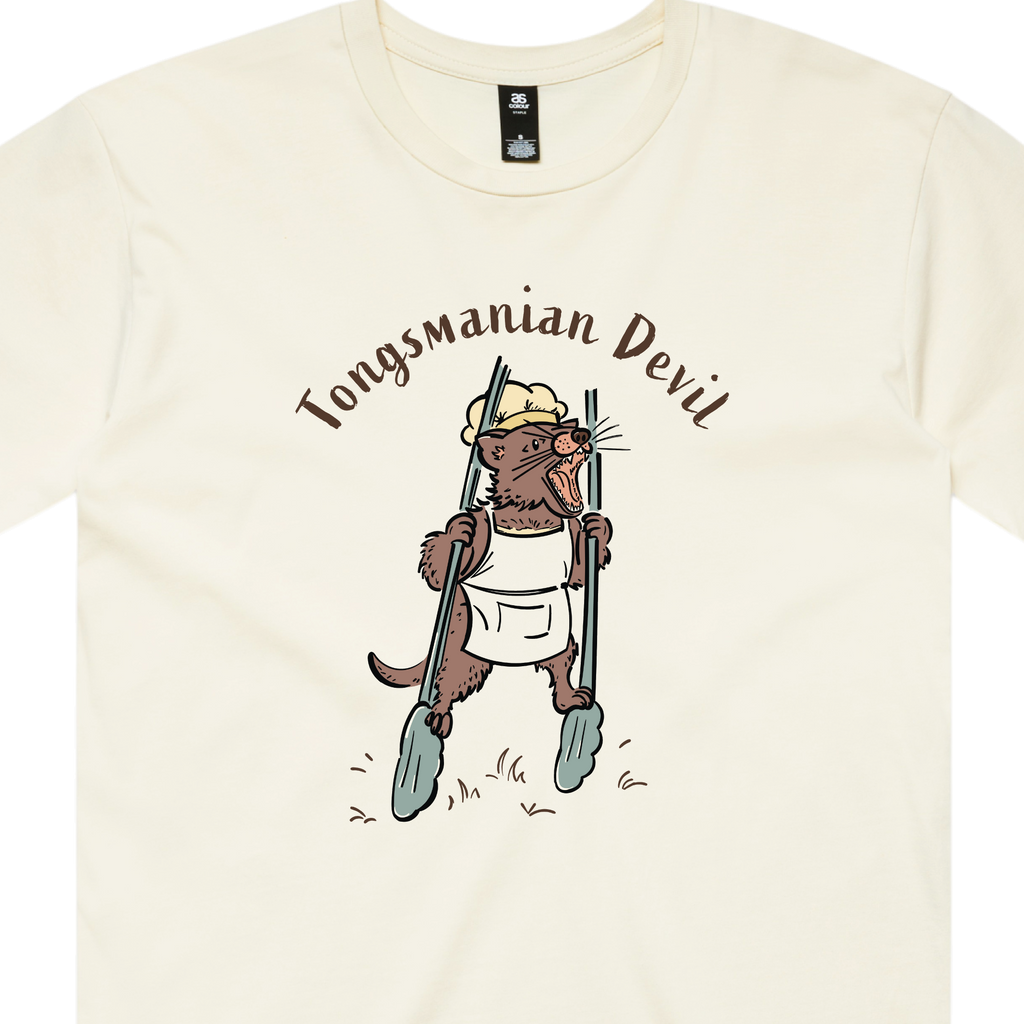 Funny Men's Tasmanian Devil t-shirt featuring a hand-drawn devil holding BBQ tongs with Tongsmanian Devil slogan, perfect gift and cute