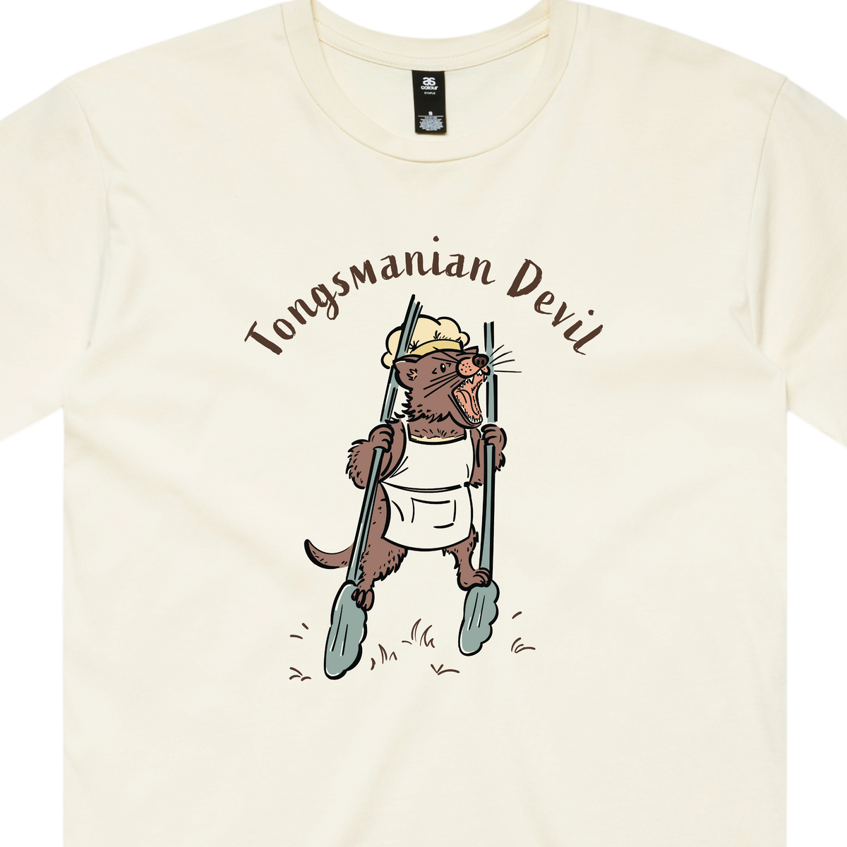 Funny Men's Tasmanian Devil t-shirt featuring a hand-drawn devil holding BBQ tongs with Tongsmanian Devil slogan, perfect gift and cute