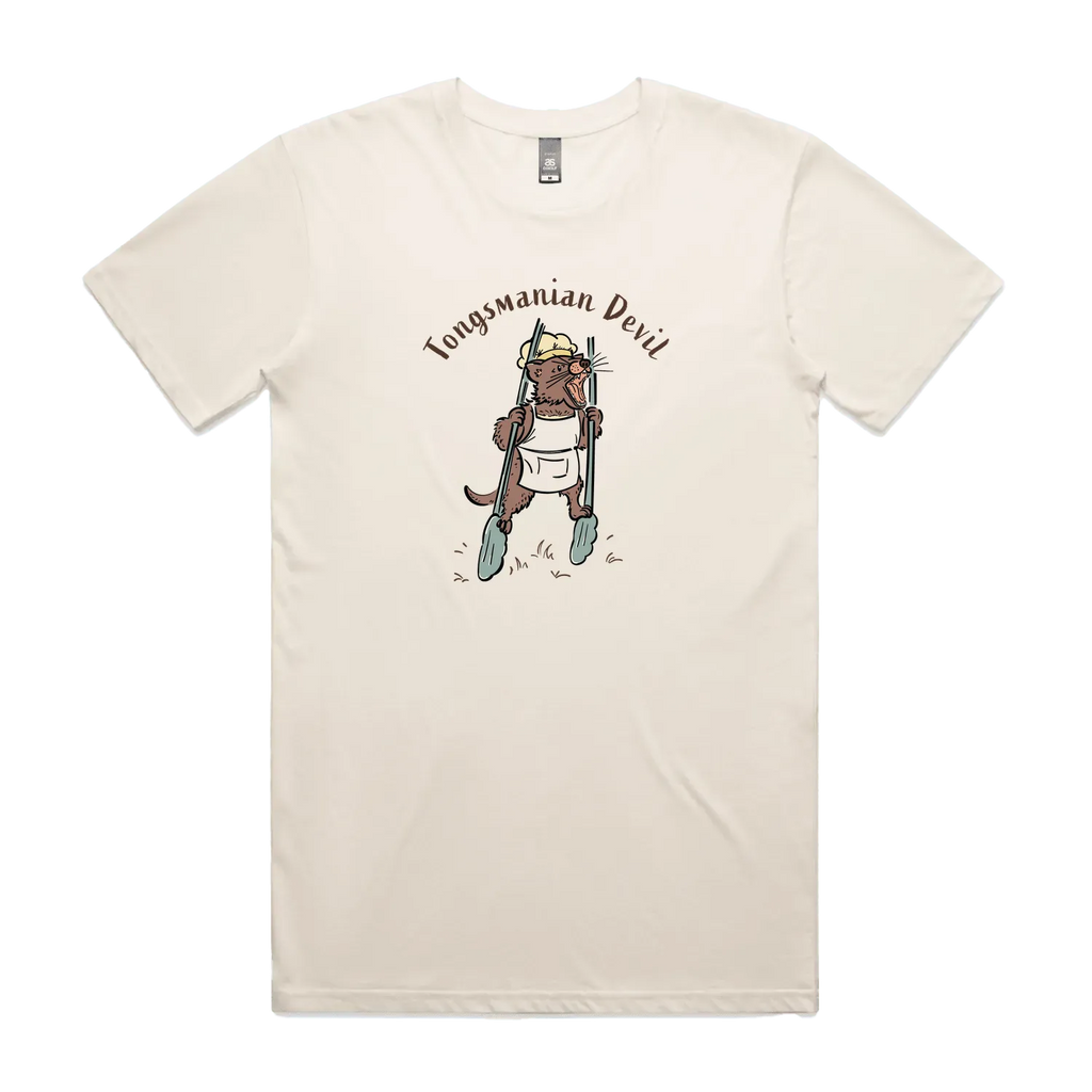 Funny Men's Tasmanian Devil t-shirt featuring a hand-drawn devil holding BBQ tongs with Tongsmanian Devil slogan, perfect gift and cute