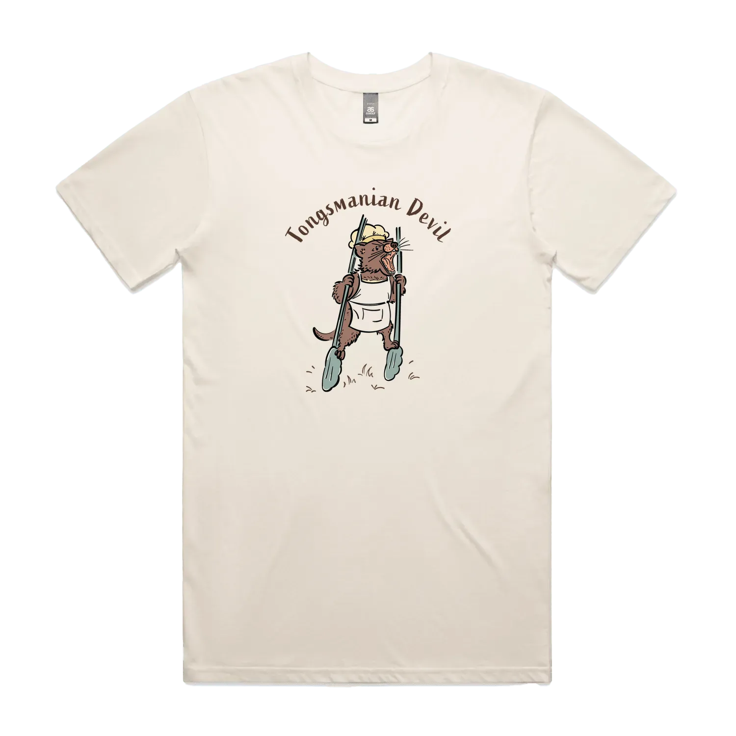 Funny Men's Tasmanian Devil t-shirt featuring a hand-drawn devil holding BBQ tongs with Tongsmanian Devil slogan, perfect gift and cute