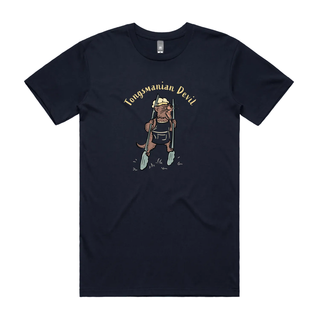 Funny Men's Tasmanian Devil t-shirt featuring a hand-drawn devil holding BBQ tongs with Tongsmanian Devil slogan, perfect gift and cute