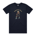 Funny Men's Tasmanian Devil t-shirt featuring a hand-drawn devil holding BBQ tongs with Tongsmanian Devil slogan, perfect gift and cute