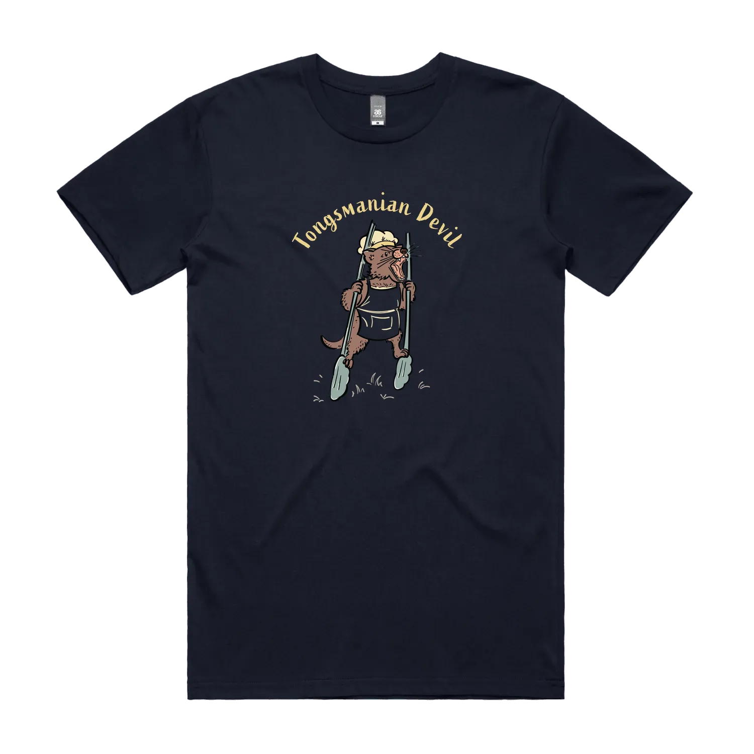 Funny Men's Tasmanian Devil t-shirt featuring a hand-drawn devil holding BBQ tongs with Tongsmanian Devil slogan, perfect gift and cute