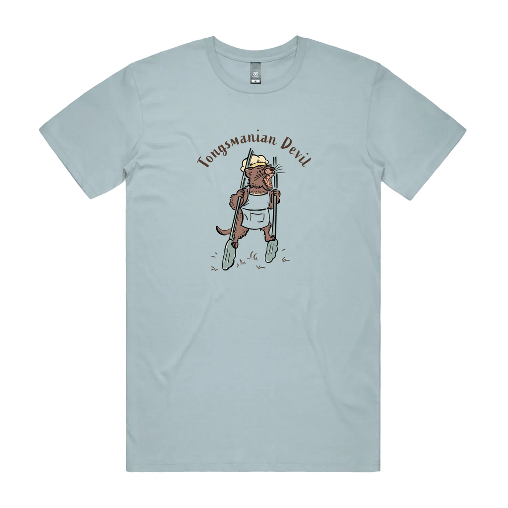 Funny Men's Tasmanian Devil t-shirt featuring a hand-drawn devil holding BBQ tongs with Tongsmanian Devil slogan, perfect gift and cute