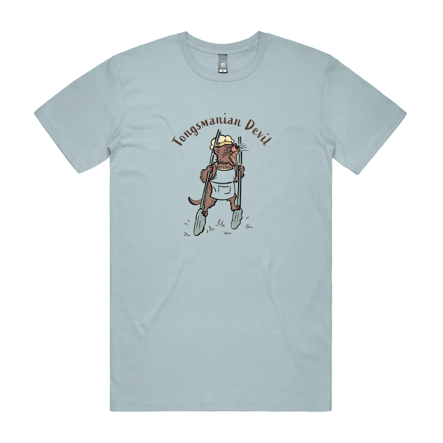 Funny Men's Tasmanian Devil t-shirt featuring a hand-drawn devil holding BBQ tongs with Tongsmanian Devil slogan, perfect gift and cute