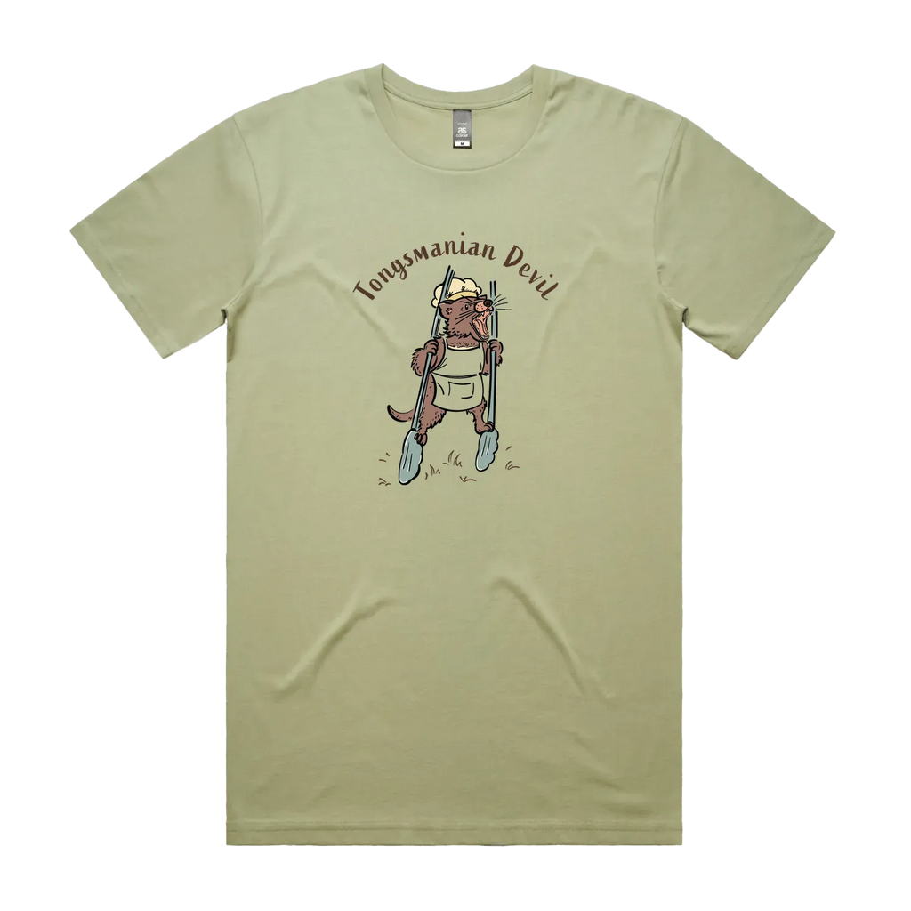 Funny Men's Tasmanian Devil t-shirt featuring a hand-drawn devil holding BBQ tongs with Tongsmanian Devil slogan, perfect gift and cute