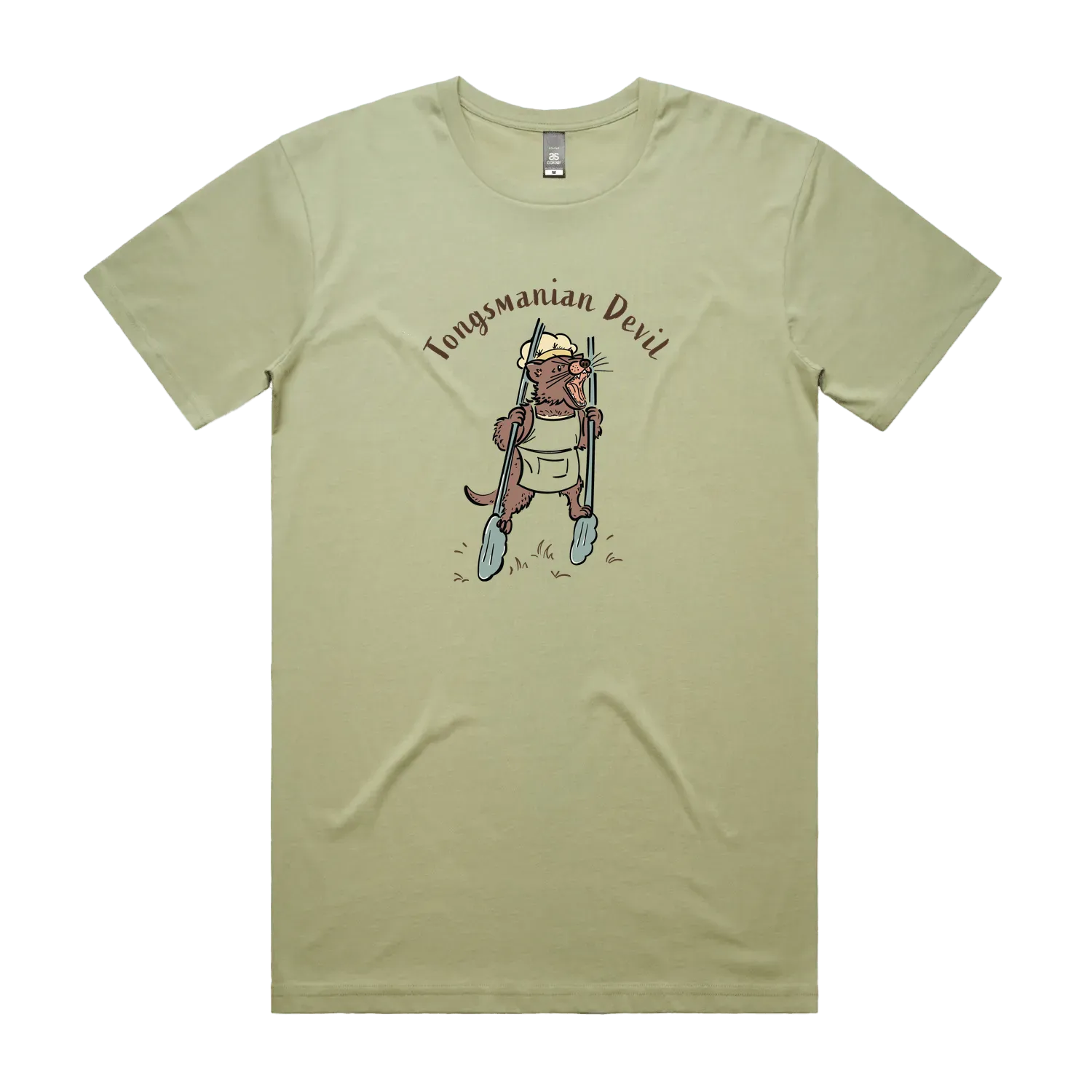 Funny Men's Tasmanian Devil t-shirt featuring a hand-drawn devil holding BBQ tongs with Tongsmanian Devil slogan, perfect gift and cute