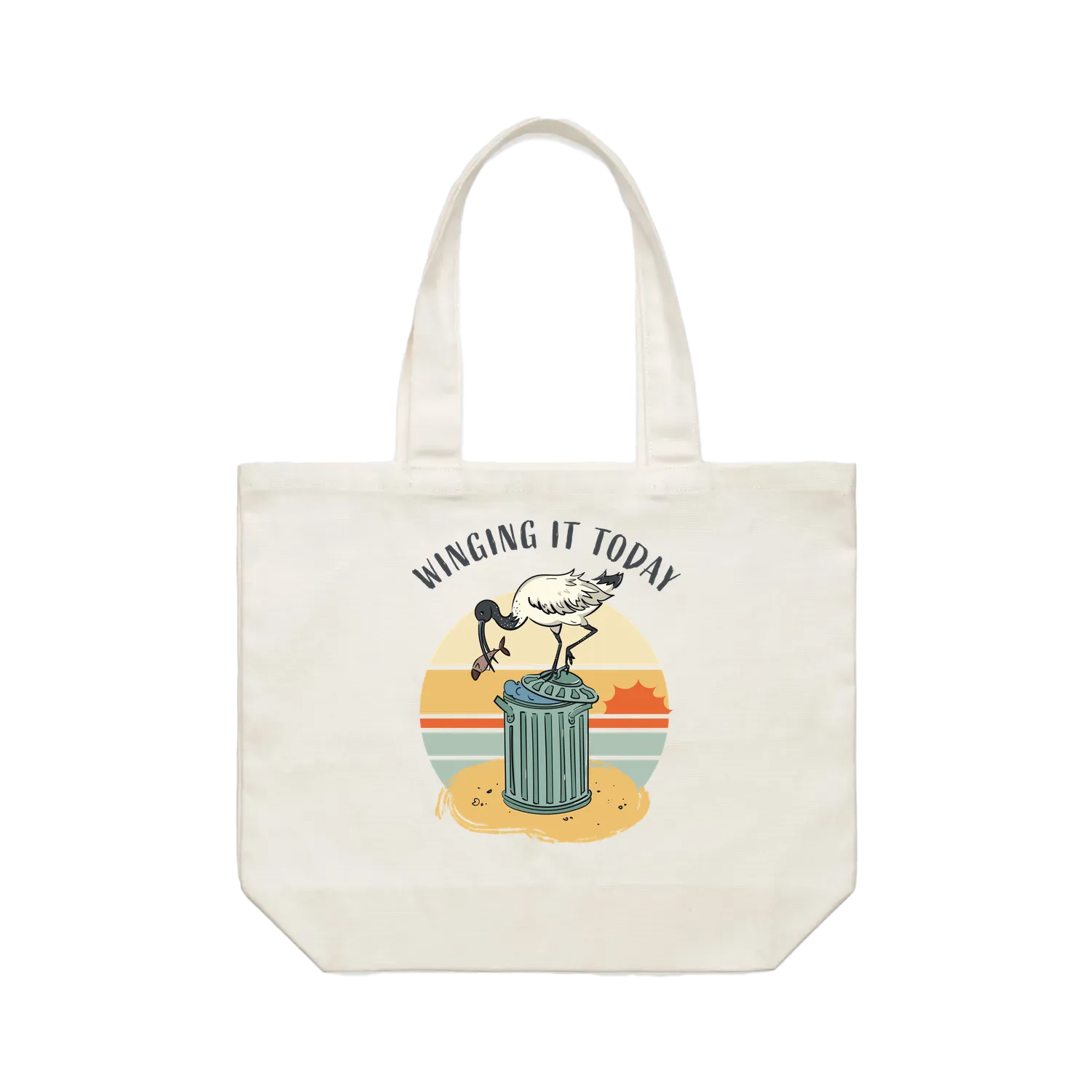 Funny ibis tote bag featuring a hand-drawn Australian bin chicken design on a cotton shoulder bag by Wooby.