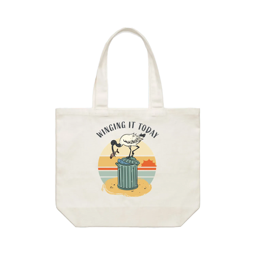 Funny ibis tote bag featuring a hand-drawn Australian bin chicken design on a cotton shoulder bag by Wooby.