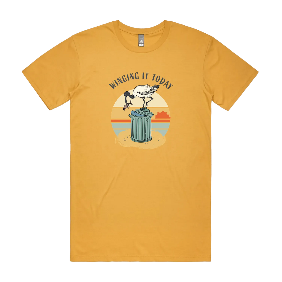 Funny Australian men's mustard t-shirt with hand drawn ibis design