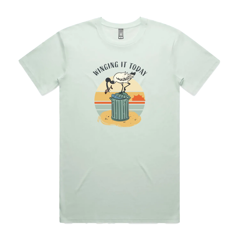 Funny Australian men's seafoam t-shirt with hand drawn ibis design