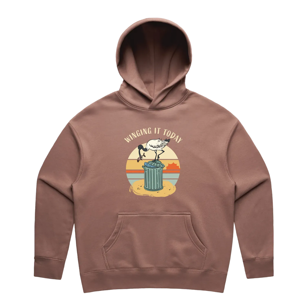 Women’s hazy pink ibis hoodie featuring a cute, funny hand-drawn ibis design, Winging It Today print