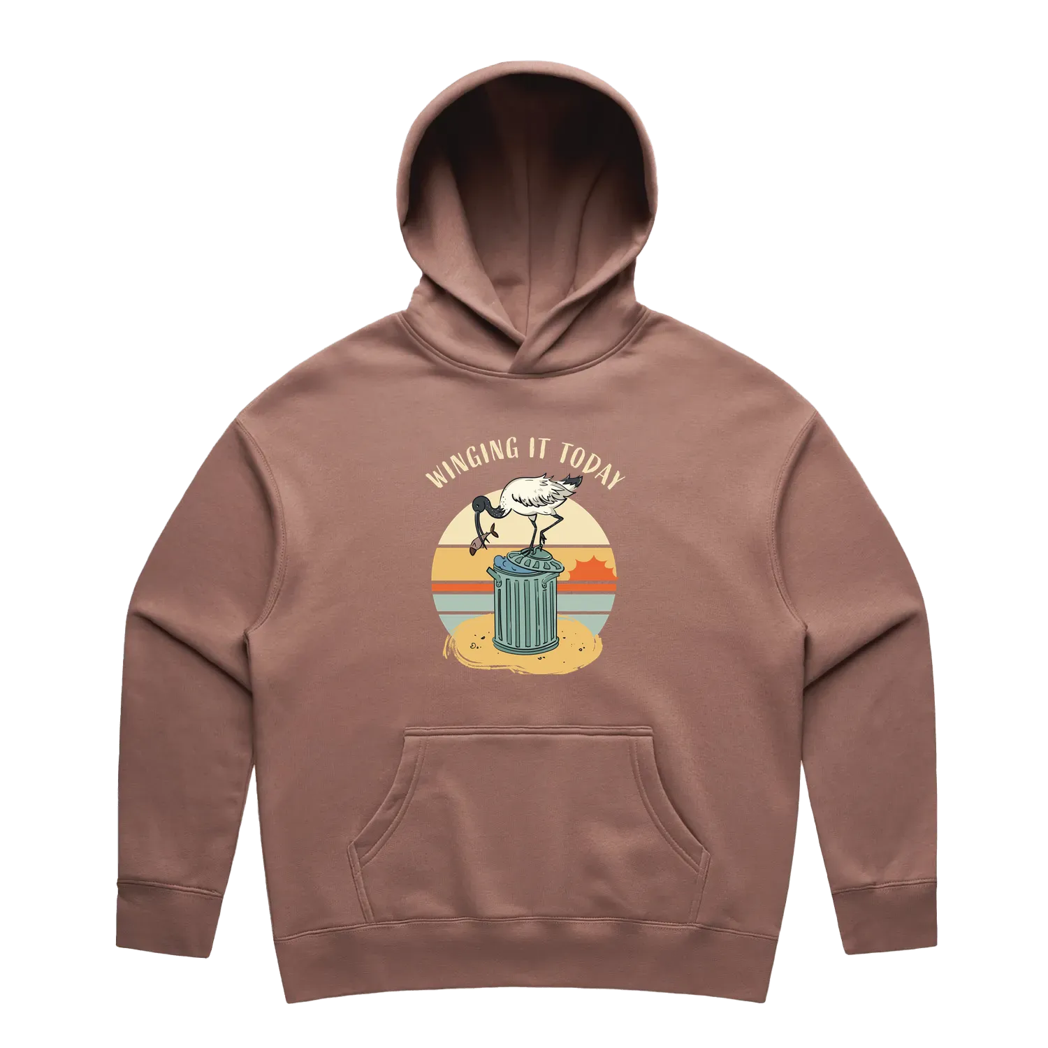 Women’s hazy pink ibis hoodie featuring a cute, funny hand-drawn ibis design, Winging It Today print