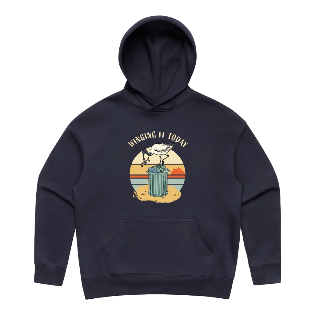 Women’s ink blue ibis hoodie featuring a cute, funny hand-drawn ibis design, Winging It Today print