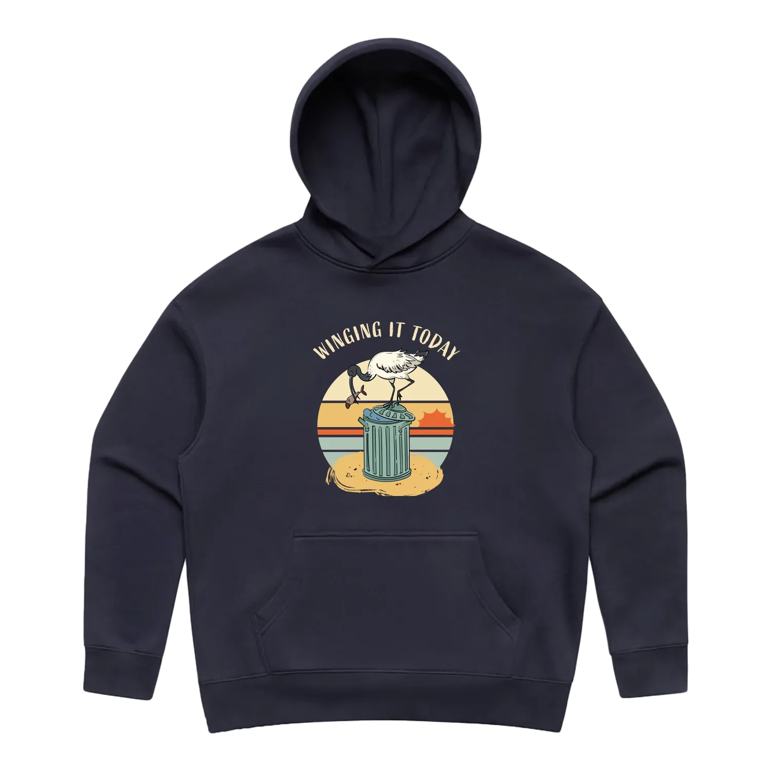 Women’s ink blue ibis hoodie featuring a cute, funny hand-drawn ibis design, Winging It Today print
