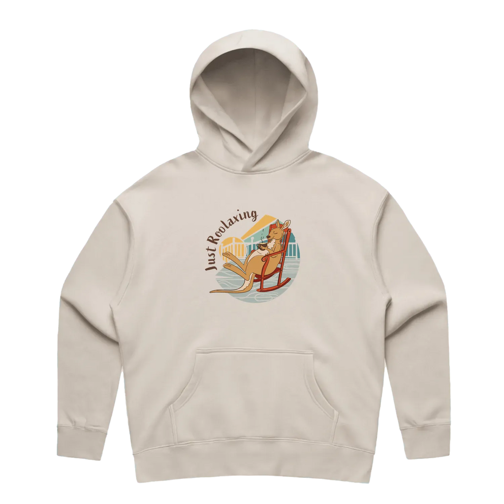 Women’s bone kangaroo hoodie featuring a hand-drawn kangaroo relaxing with a cup of tea, Just Roolaxing design