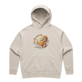 Women’s bone kangaroo hoodie featuring a hand-drawn kangaroo relaxing with a cup of tea, Just Roolaxing design