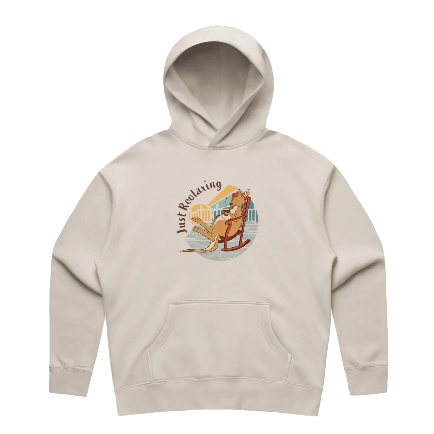 Women’s bone kangaroo hoodie featuring a hand-drawn kangaroo relaxing with a cup of tea, Just Roolaxing design