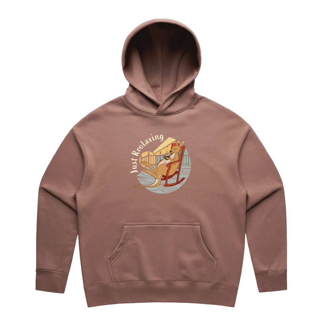Women’s hazy-pink kangaroo hoodie featuring a hand-drawn kangaroo relaxing with a cup of tea, Just Roolaxing design