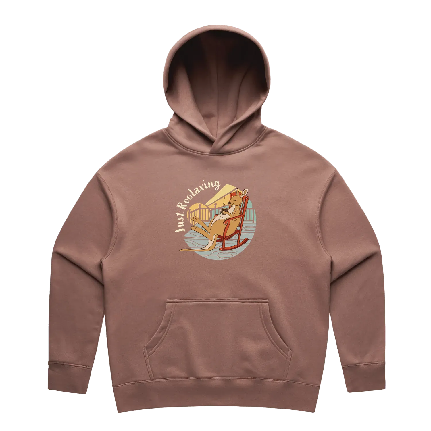 Women’s hazy-pink kangaroo hoodie featuring a hand-drawn kangaroo relaxing with a cup of tea, Just Roolaxing design