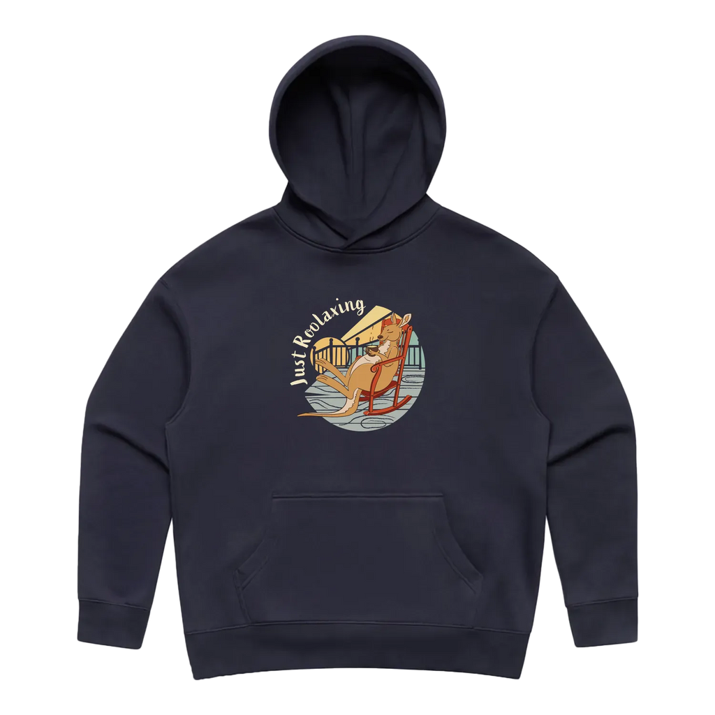 Women’s ink blue kangaroo hoodie featuring a hand-drawn kangaroo relaxing with a cup of tea, Just Roolaxing design