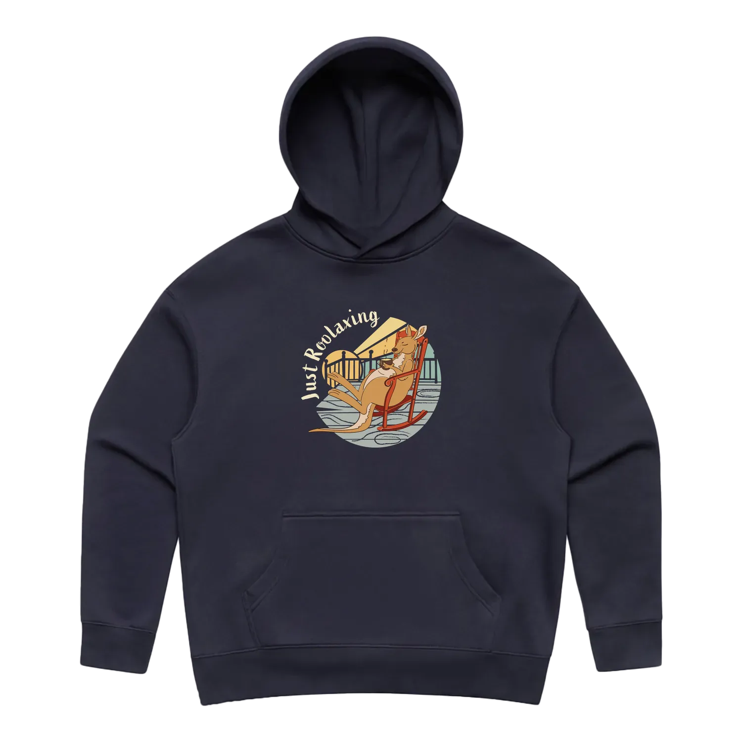 Women’s ink blue kangaroo hoodie featuring a hand-drawn kangaroo relaxing with a cup of tea, Just Roolaxing design