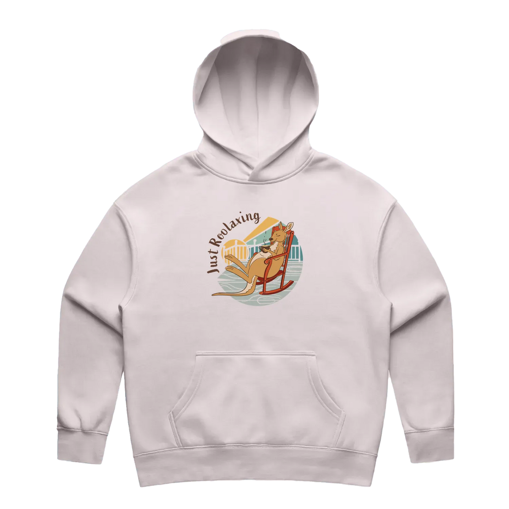 Women’s orchid kangaroo hoodie featuring a hand-drawn kangaroo relaxing with a cup of tea, Just Roolaxing design
