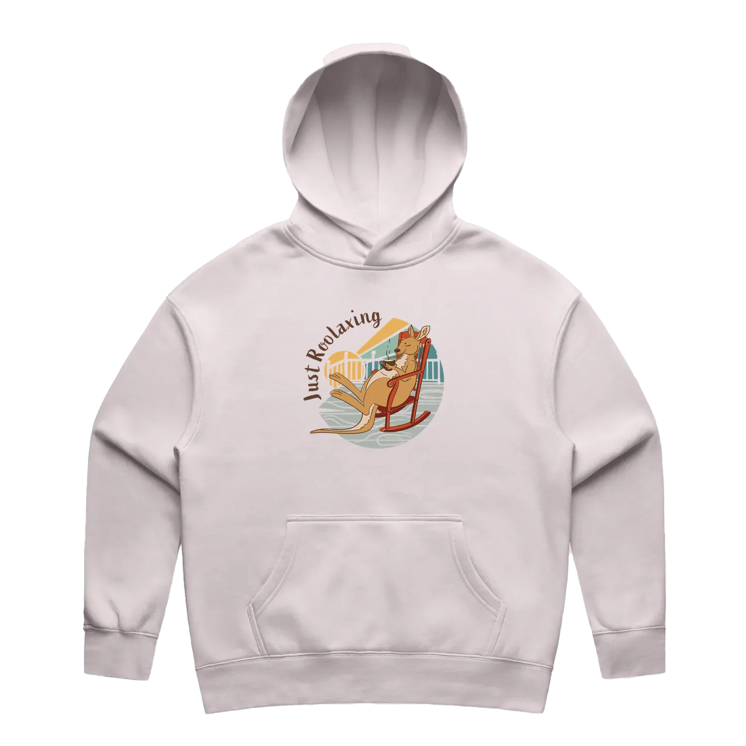 Women’s orchid kangaroo hoodie featuring a hand-drawn kangaroo relaxing with a cup of tea, Just Roolaxing design