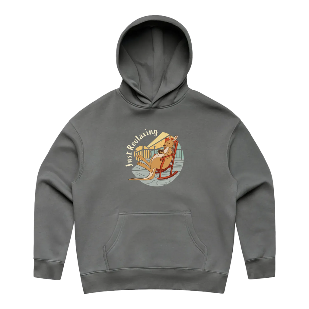 Women’s shadow kangaroo hoodie featuring a hand-drawn kangaroo relaxing with a cup of tea, Just Roolaxing design