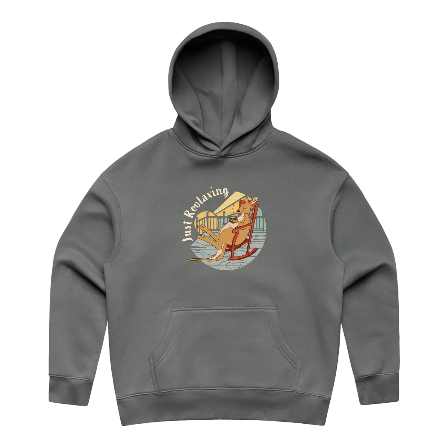 Women’s shadow kangaroo hoodie featuring a hand-drawn kangaroo relaxing with a cup of tea, Just Roolaxing design