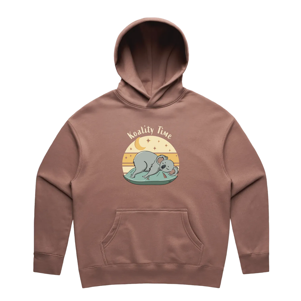 Women’s hazy pink koala hoodie featuring a cute hand-drawn koala design, Koality Time print