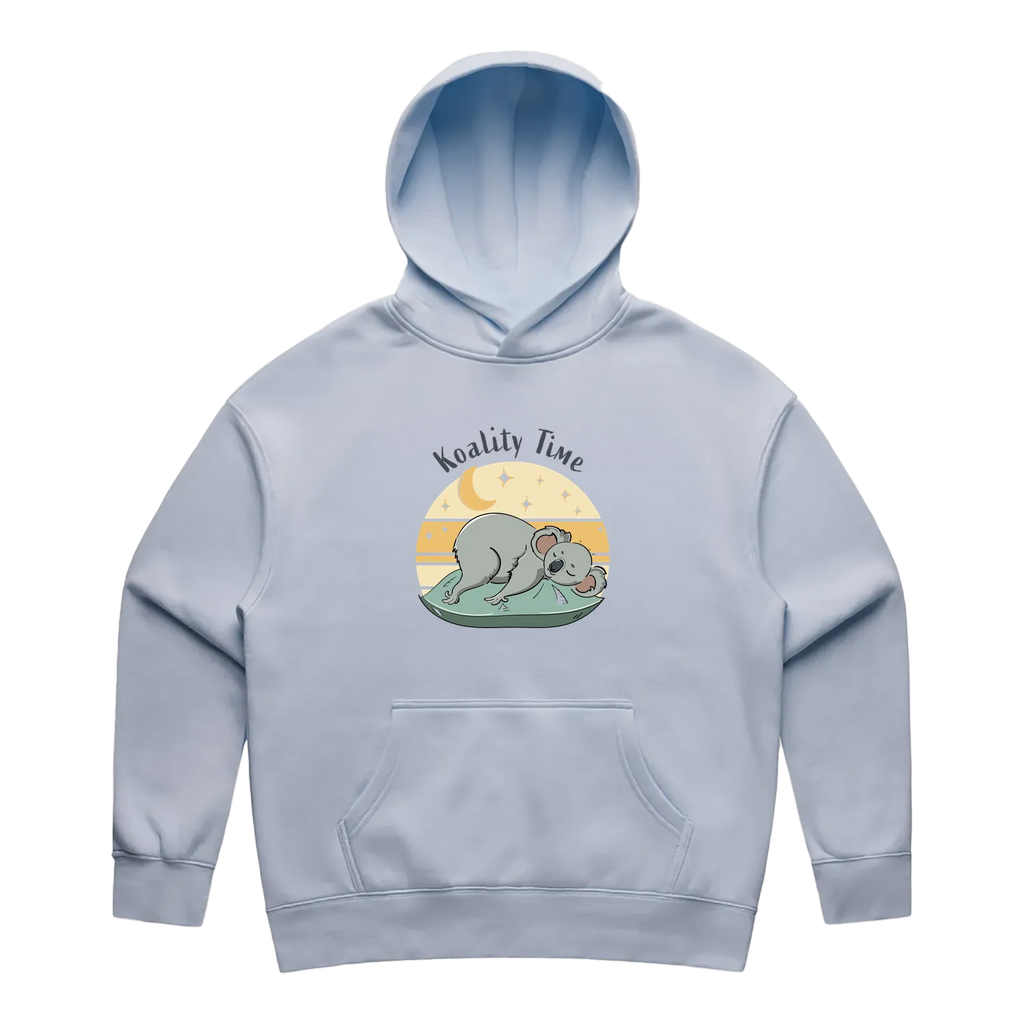 Women’s powder koala hoodie featuring a cute hand-drawn koala design, Koality Time print