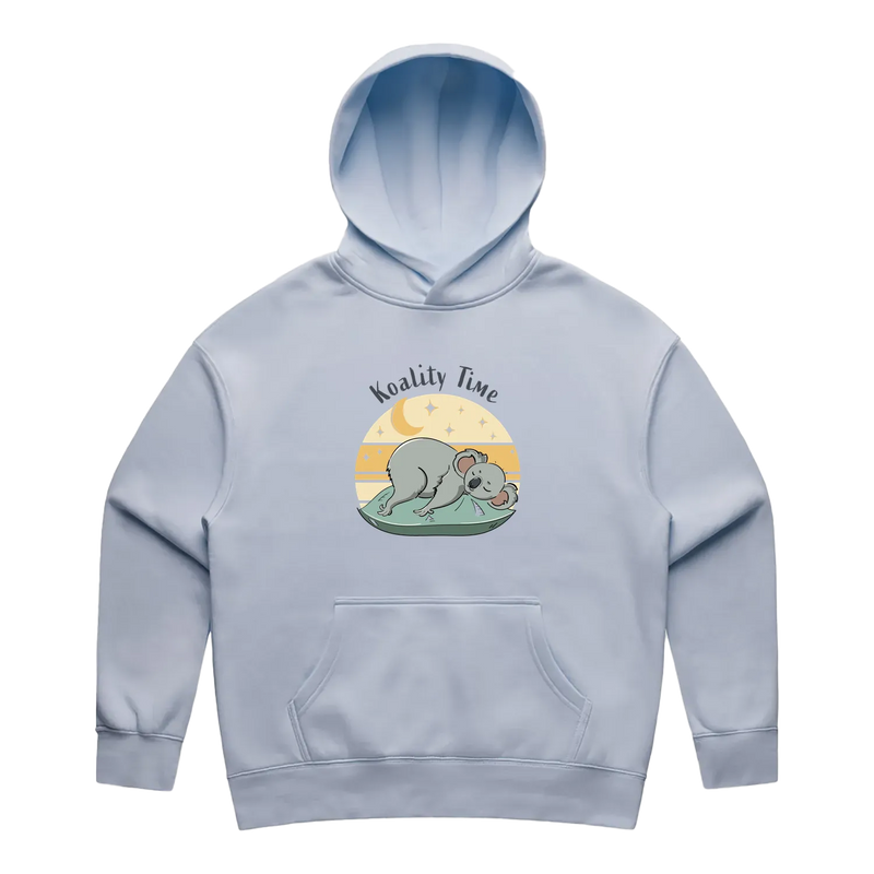 Women’s powder koala hoodie featuring a cute hand-drawn koala design, Koality Time print