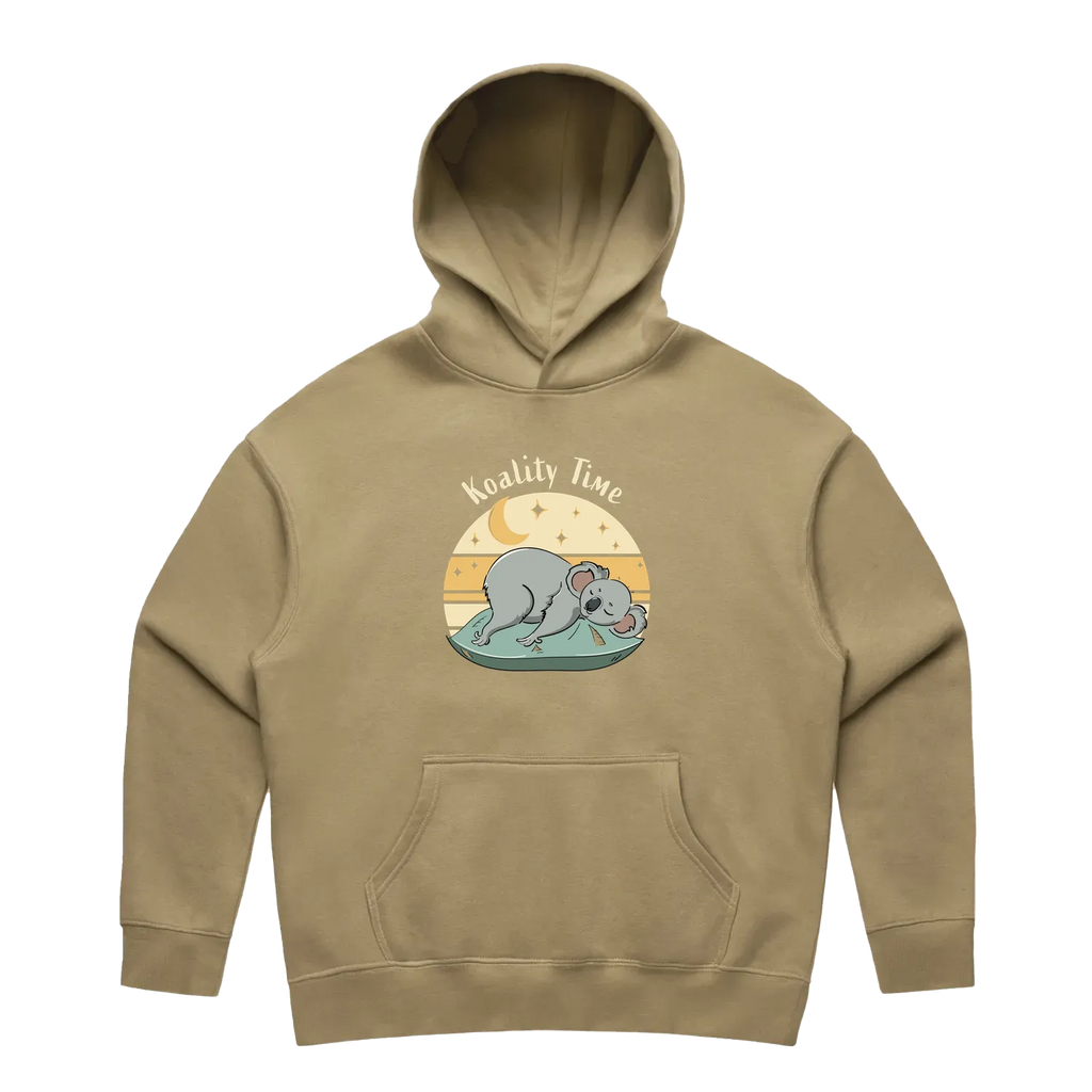 Women’s sand koala hoodie featuring a cute hand-drawn koala design, Koality Time print