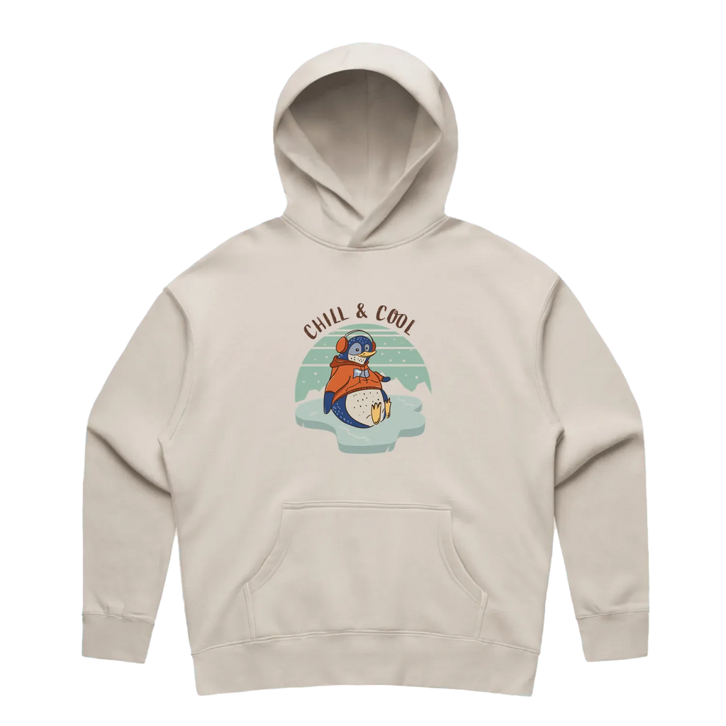 Women’s bone penguin hoodie featuring a cute, funny hand-drawn penguin design, Chill & Cool print