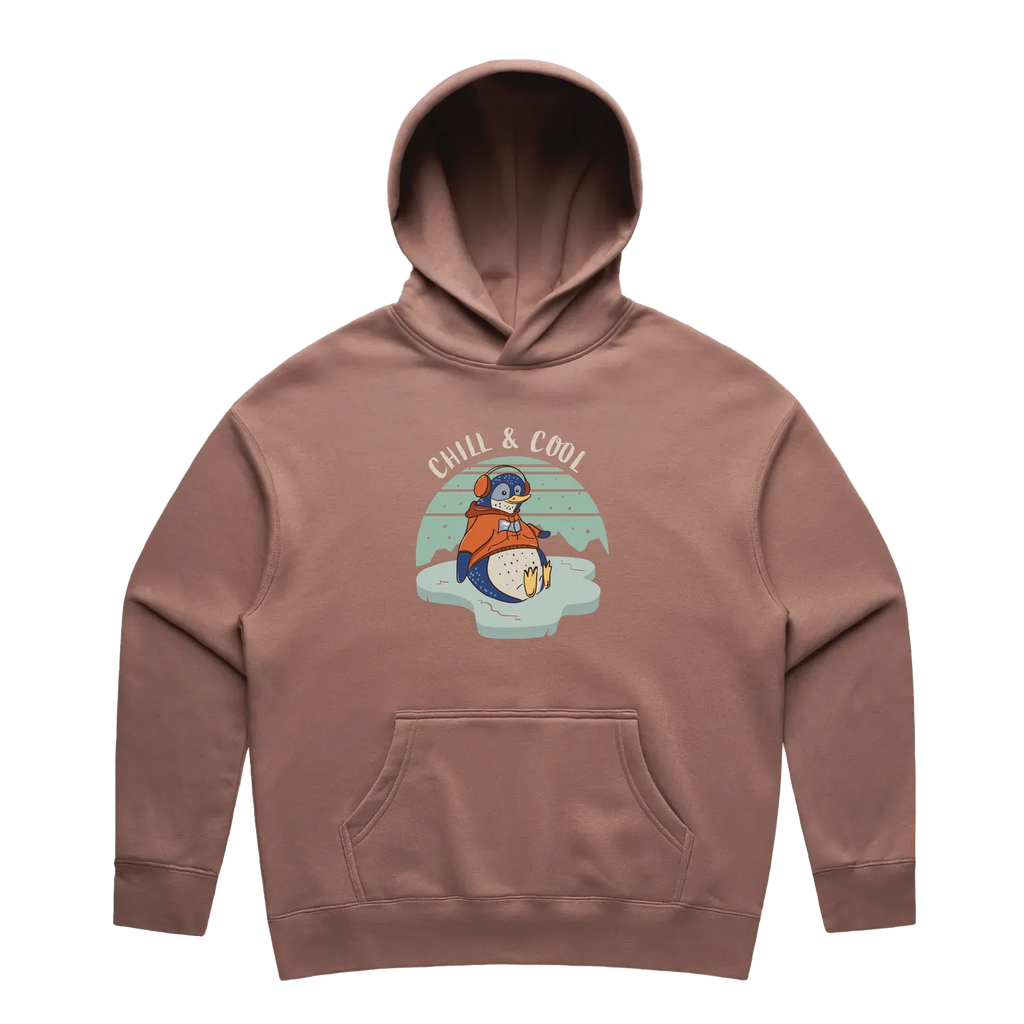 Women’s hazy pink penguin hoodie featuring a cute, funny hand-drawn penguin design, Chill & Cool print