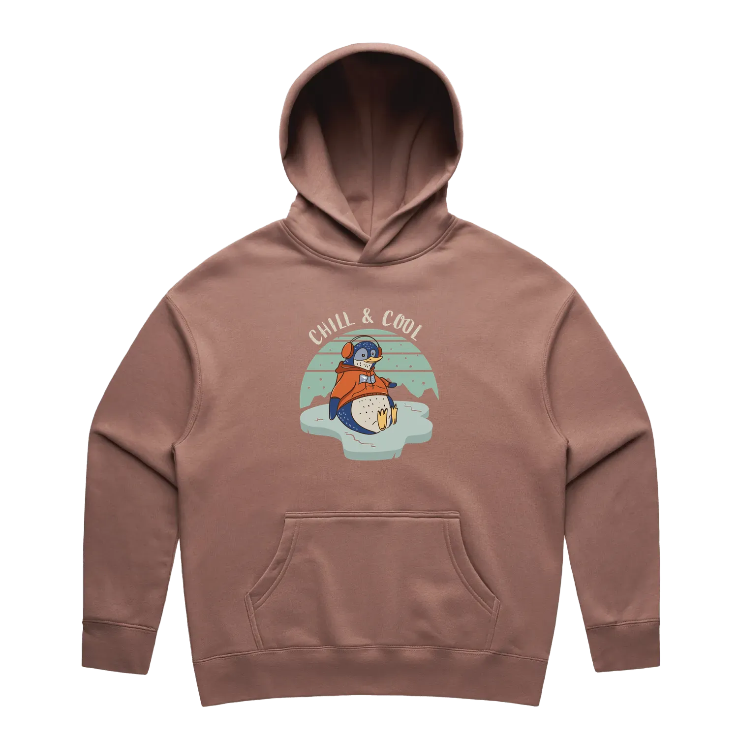 Women’s hazy pink penguin hoodie featuring a cute, funny hand-drawn penguin design, Chill & Cool print