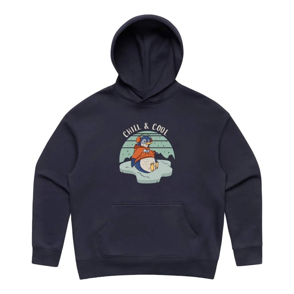 Women’s ink blue penguin hoodie featuring a cute, funny hand-drawn penguin design, Chill & Cool print