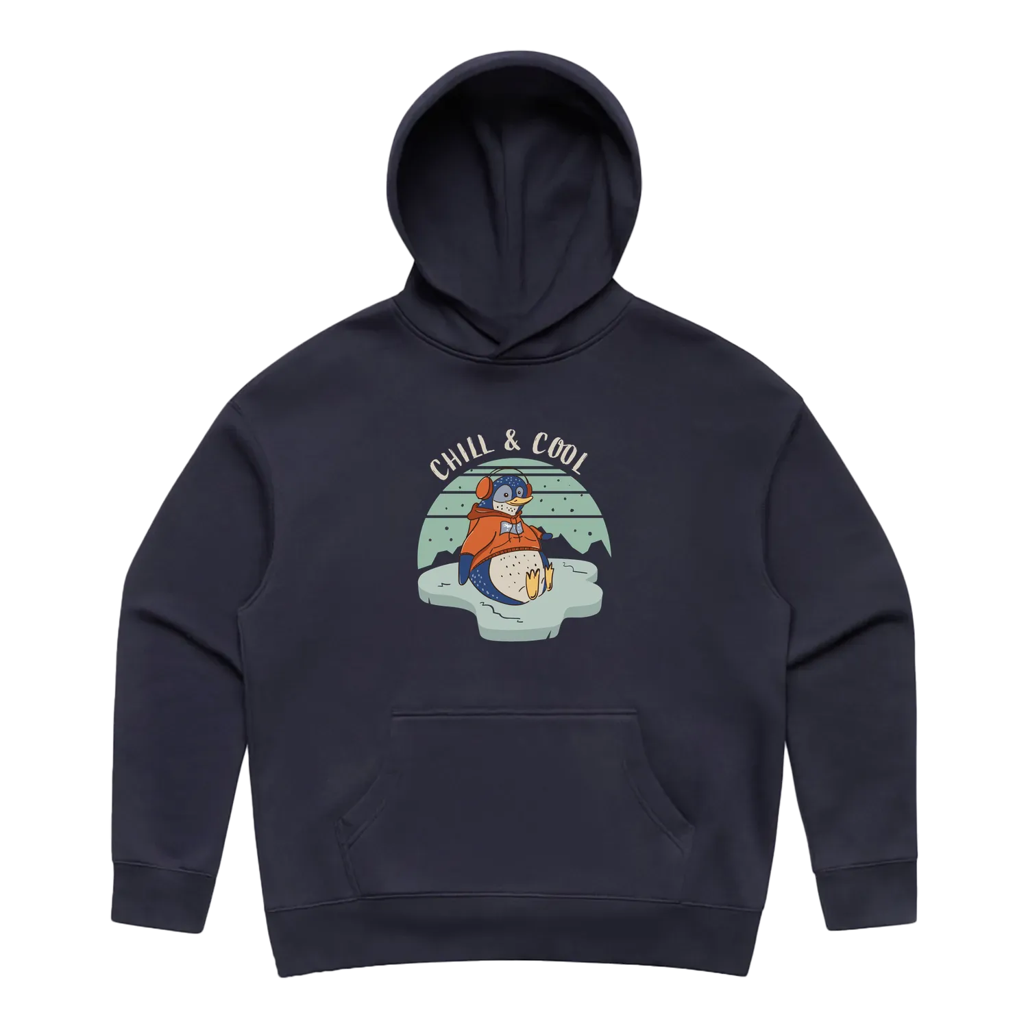 Women’s ink blue penguin hoodie featuring a cute, funny hand-drawn penguin design, Chill & Cool print