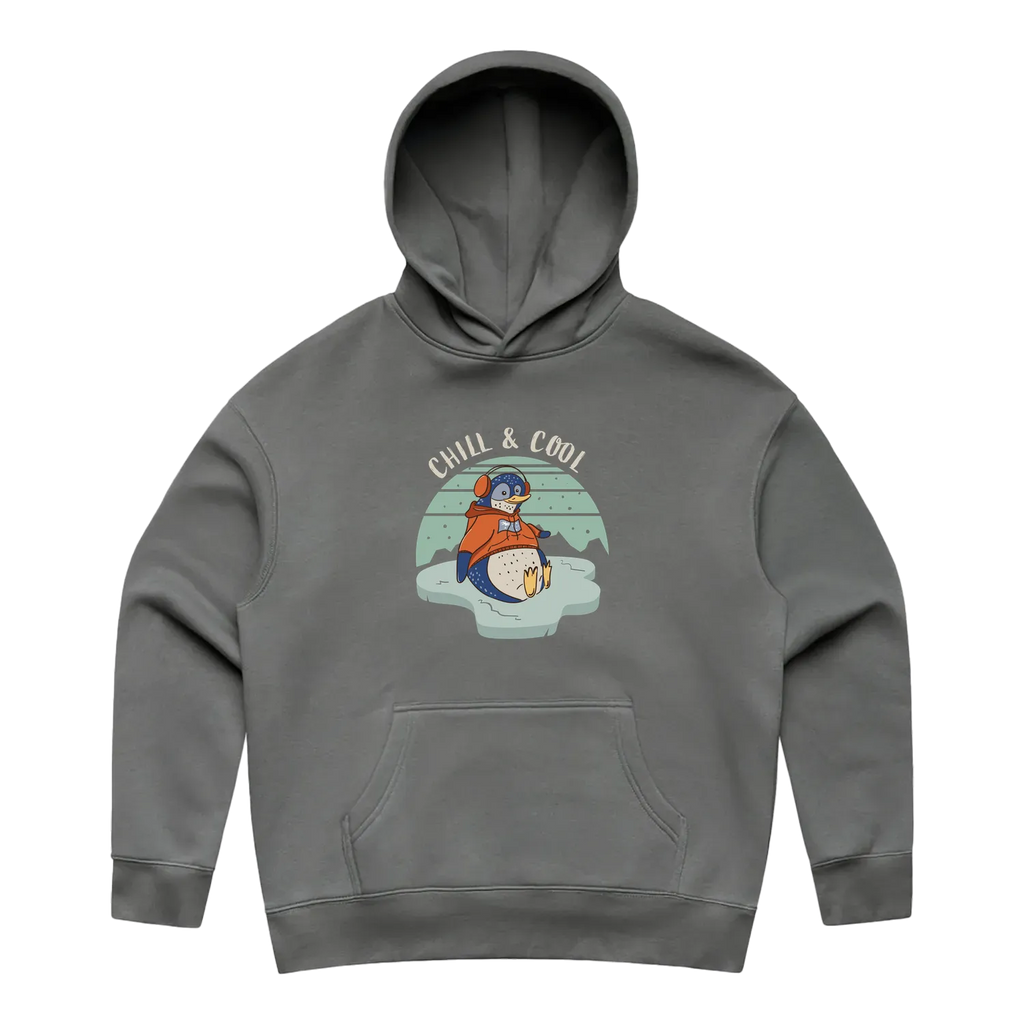 Women’s shadow penguin hoodie featuring a cute, funny hand-drawn penguin design, Chill & Cool print