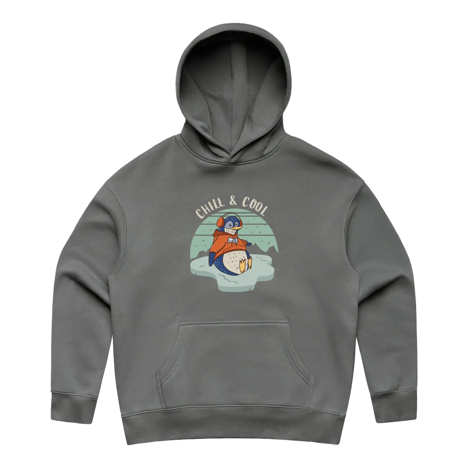 Women’s shadow penguin hoodie featuring a cute, funny hand-drawn penguin design, Chill & Cool print